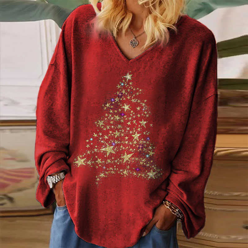Star Christmas Tree Printed Long Sleeve Women's T-...