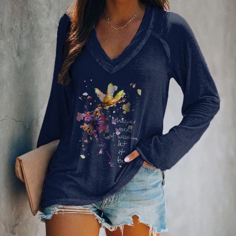 Colorful Dragonfly Print V-neck Long Sleeve Tee
