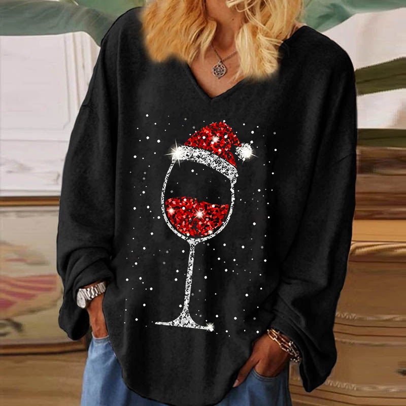 Christmas Hat Wine Glass Printed V-neck Women's T-...