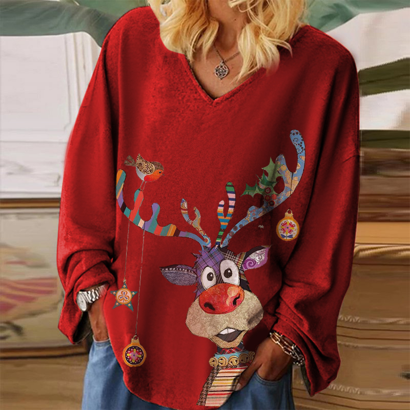 Lovely Cartoon Reindeer Print V-neck Long Sleeve T...