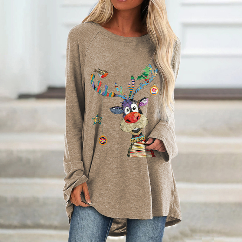 Christmas Reindeer Printed Women's Loose T-shirt